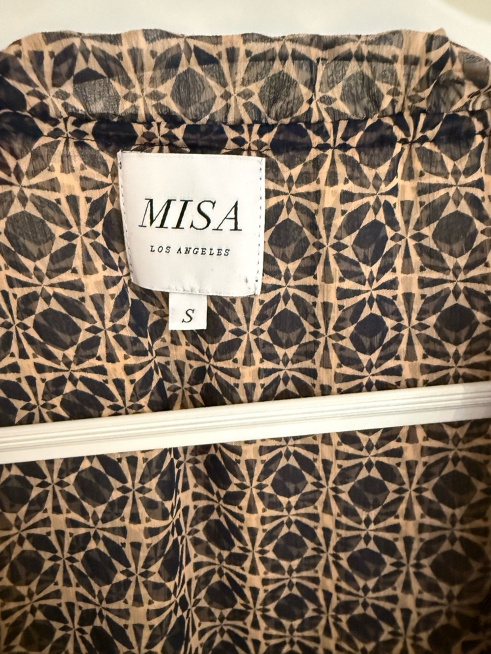 Misa Los Angeles Sheer Geometric Blouse in Brown and Black